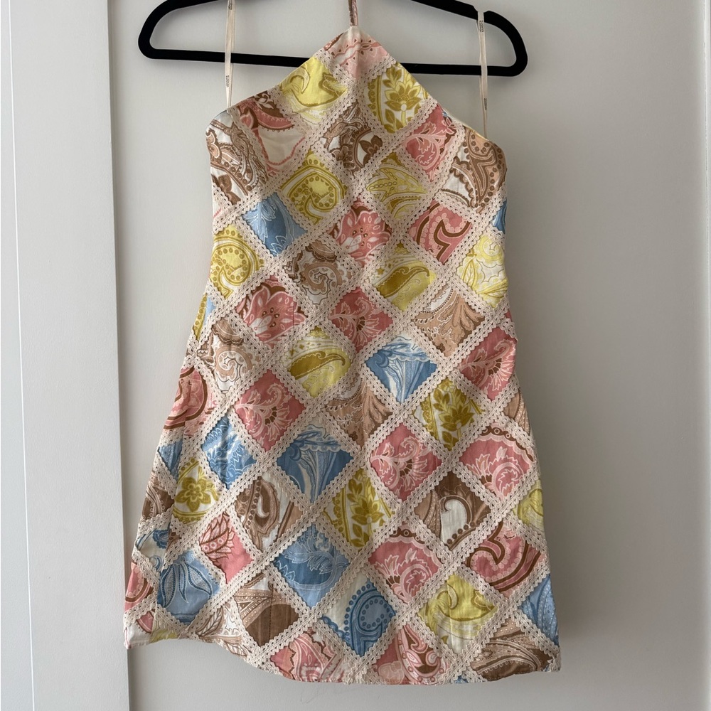 HEMANT & NANDITA Pastel Patchwork Halter Mini Dress - Pink, Blue, Yellow, Beige - Picture 3 of 5